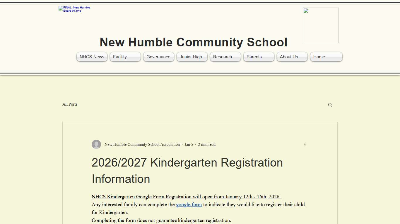 2026/2027 Kindergarten Registration Information