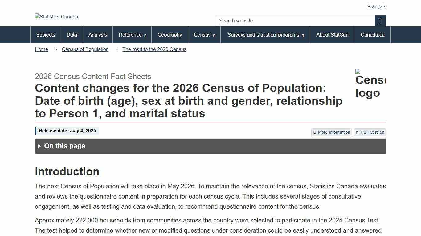 Content changes for the 2026 Census of Population: Date of birth (age), sex at birth and gender, relationship to Person 1, and marital status